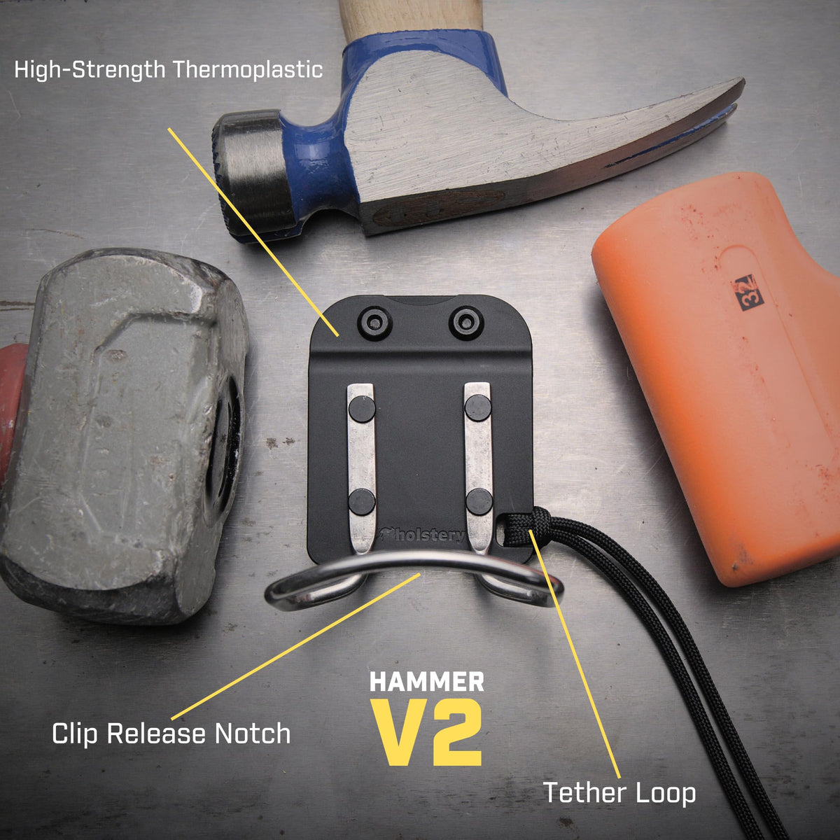 Holstery HammerMaster framing-hammer fit keeps tools secure during work.