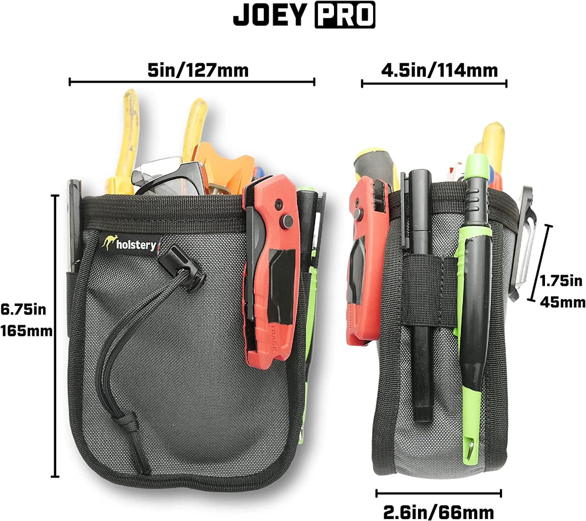 Joey Pouch Pro wide opening supports nails and screws at hand.
