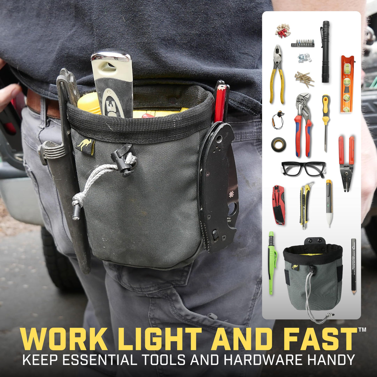 Holstery Joey Tool Belt Bag wide opening stores screws and bolts for easy reach