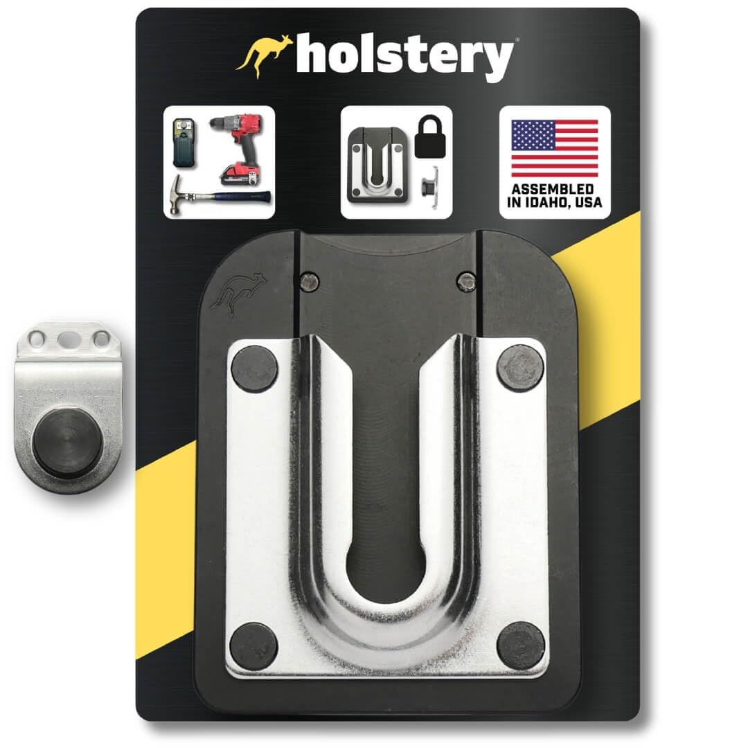 Holstery PinPal Pro gravity-lock holster secures tools for rapid access on site.