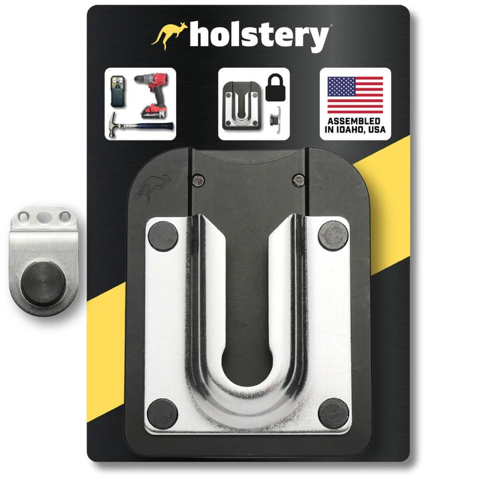 Holstery PinPal Pro gravity-lock holster secures tools for rapid access on site.