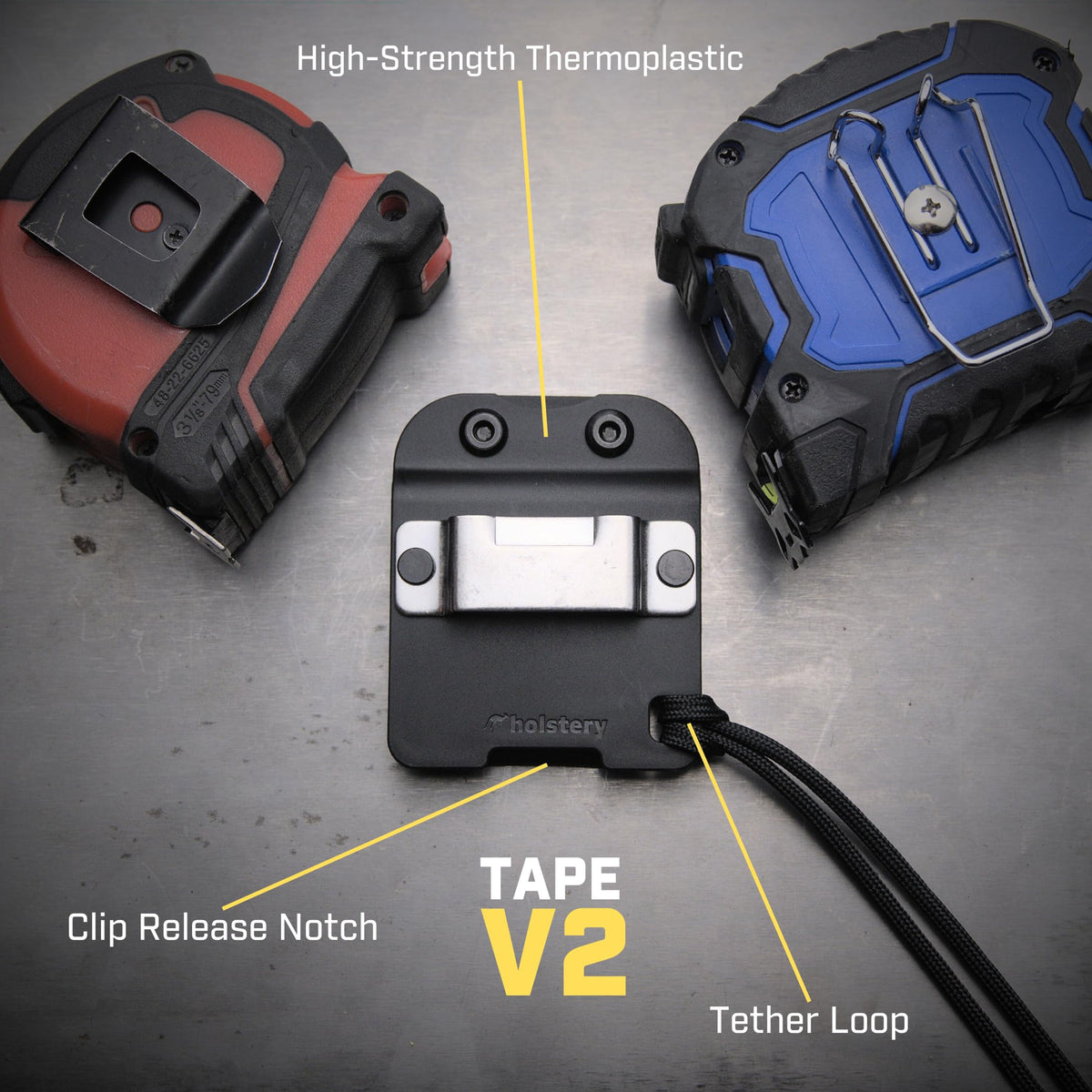 Holstery TapeMaster low-profile clip sits discreetly on a belt.