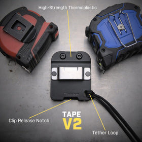 Holstery TapeMaster low-profile clip sits discreetly on a belt.
