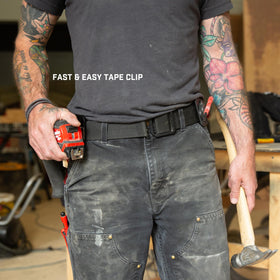 Holstery Tapemaster Pro on-belt usage showing low-profile design.