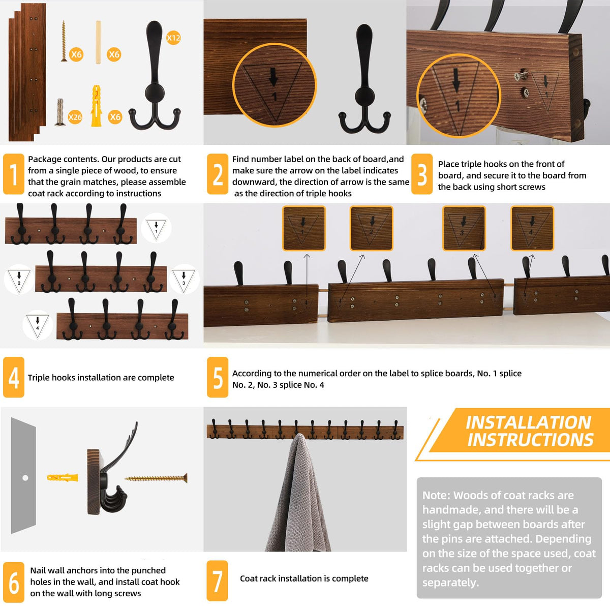 Packaging includes boards, dowels, screws, and anchors