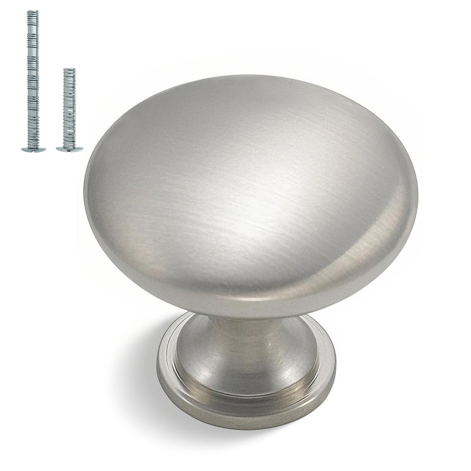 Homdiy satin nickel knobs on a kitchen cabinet for modern upgrade.