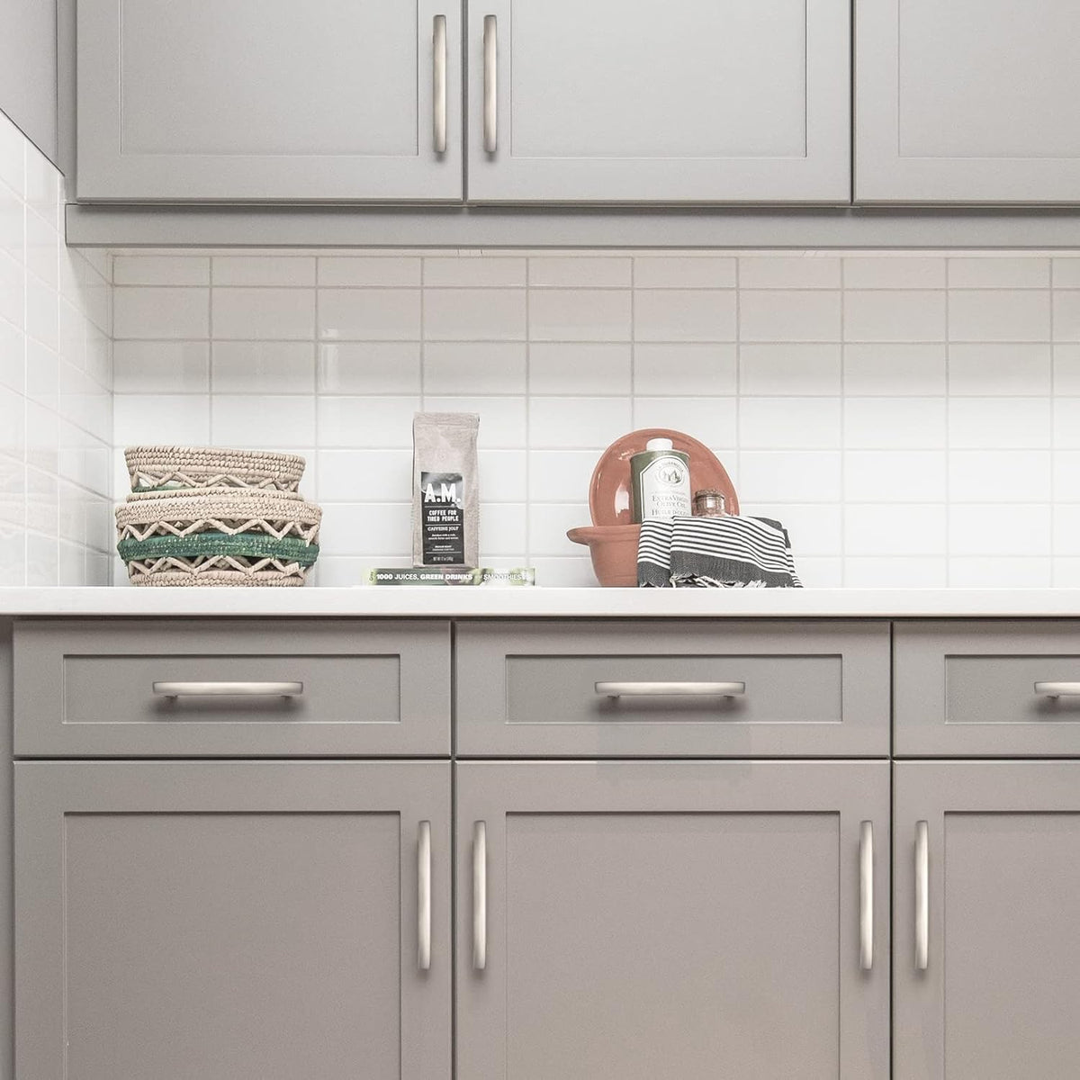 Homdiy satin nickel cabinet pulls offer subtle shine and contemporary appeal.