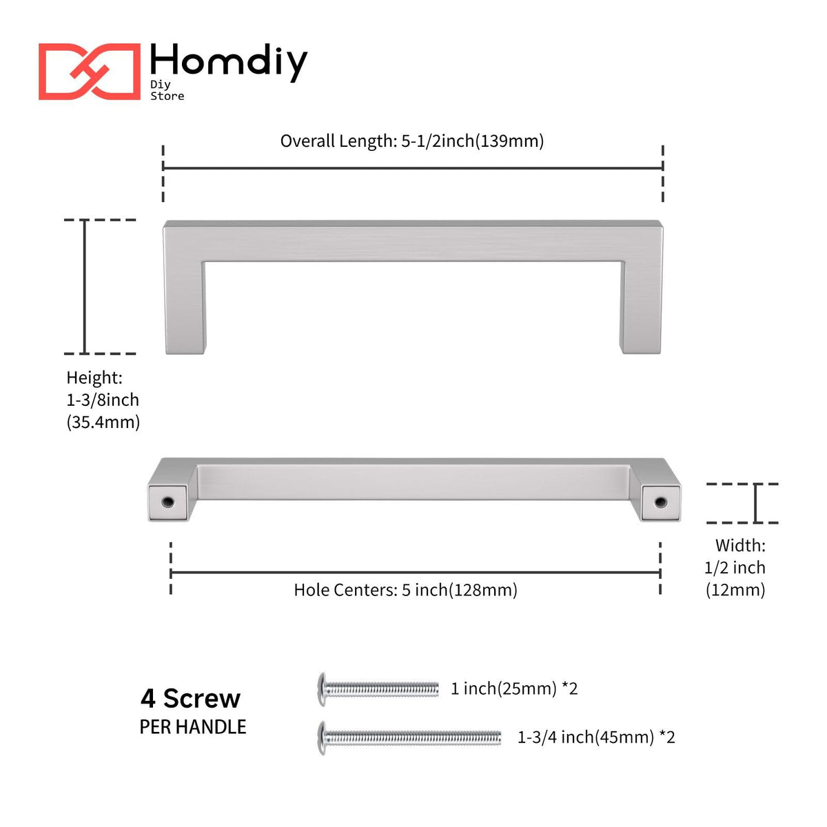 Homdiy square 5-inch door handle in brushed nickel installed on cabinetry.