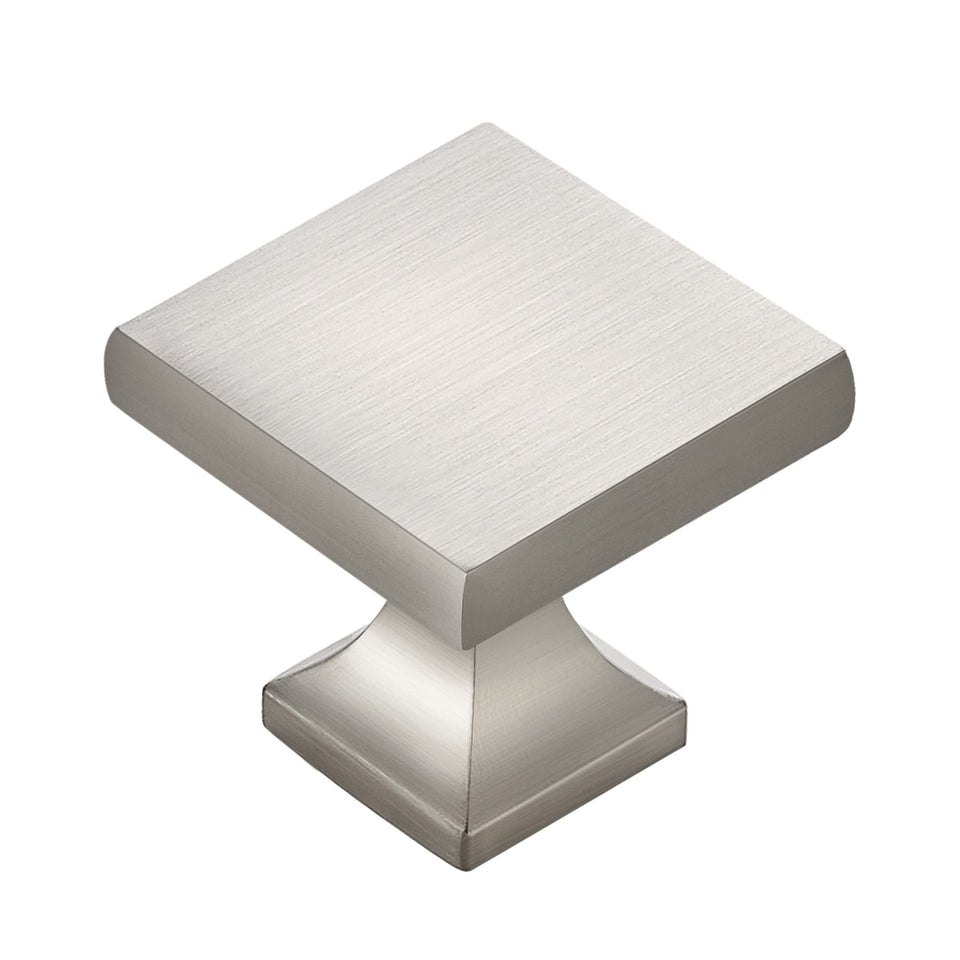 Home Expert square drawer knobs in brushed nickel for timeless cabinet styling and easy updates.