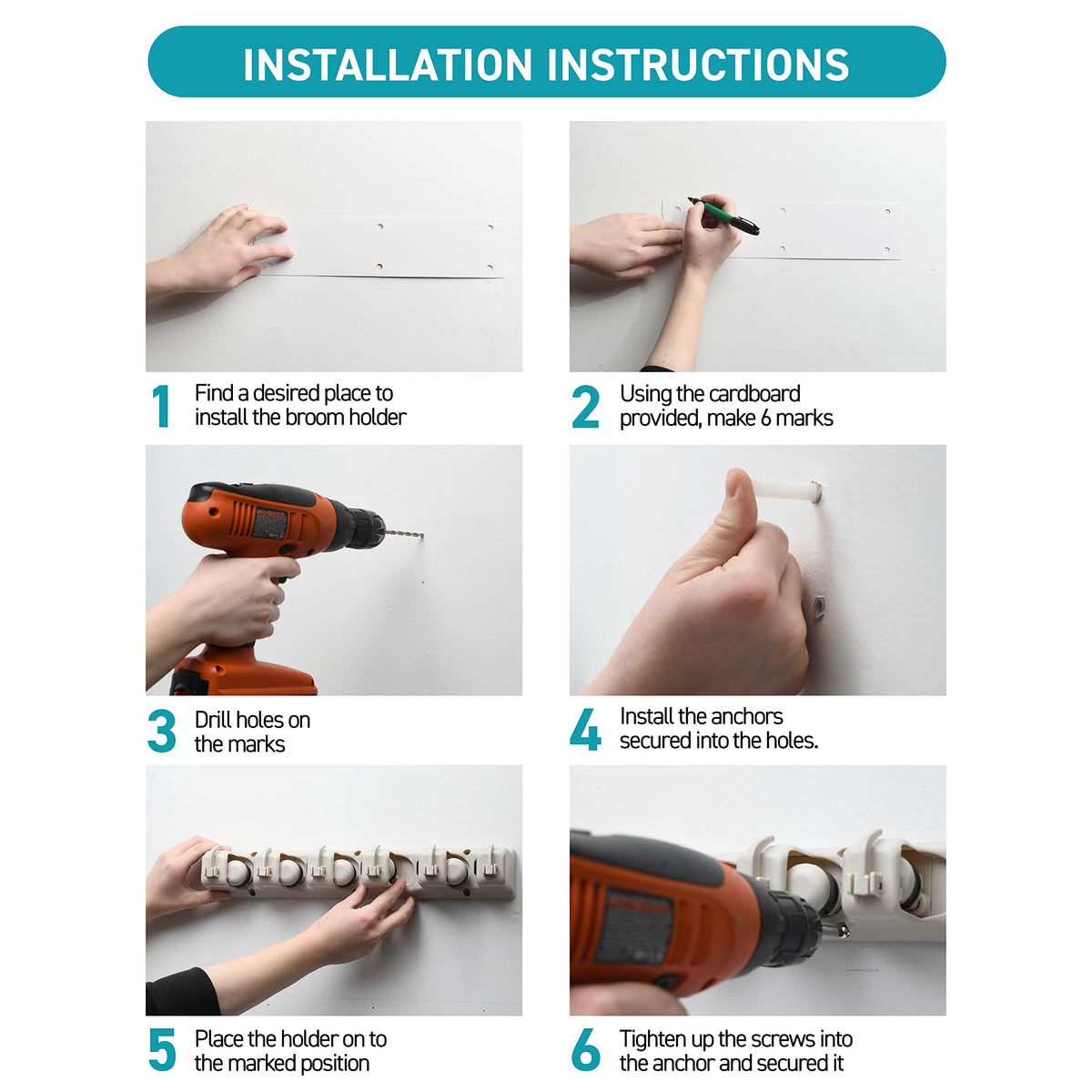 Durable plastic construction supports heavy mops and brooms.