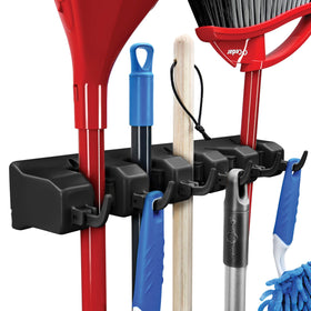 Home It mop and broom holder front view shows compact wall-mount design for easy access.