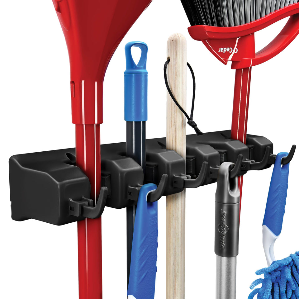 Home It mop and broom holder front view shows compact wall-mount design for easy access.