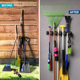 Home It holder keeps mop and broom in one place for quick retrieval.