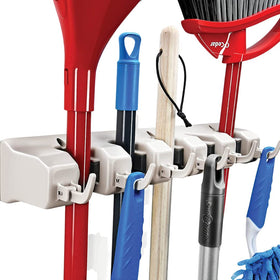 Home It mop-broom holder mounted on wall with 5 slots and 6 hooks for organized tools.