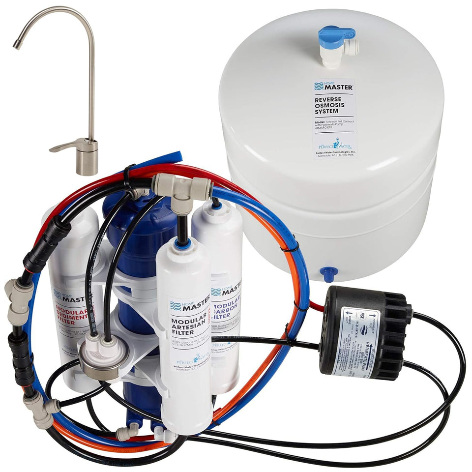 Home Master Artesian Full Contact system image highlighting purified mineral water on tap