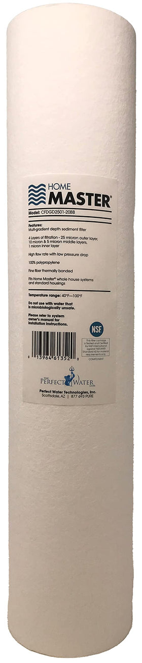 Home Master CFDGD2501-20BB four-layer filter close-up shows layered micron structure for sediment capture