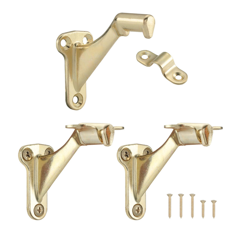 HOME MASTER HARDWARE 3in handrail bracket close-up in bright brass for quick stair installation.