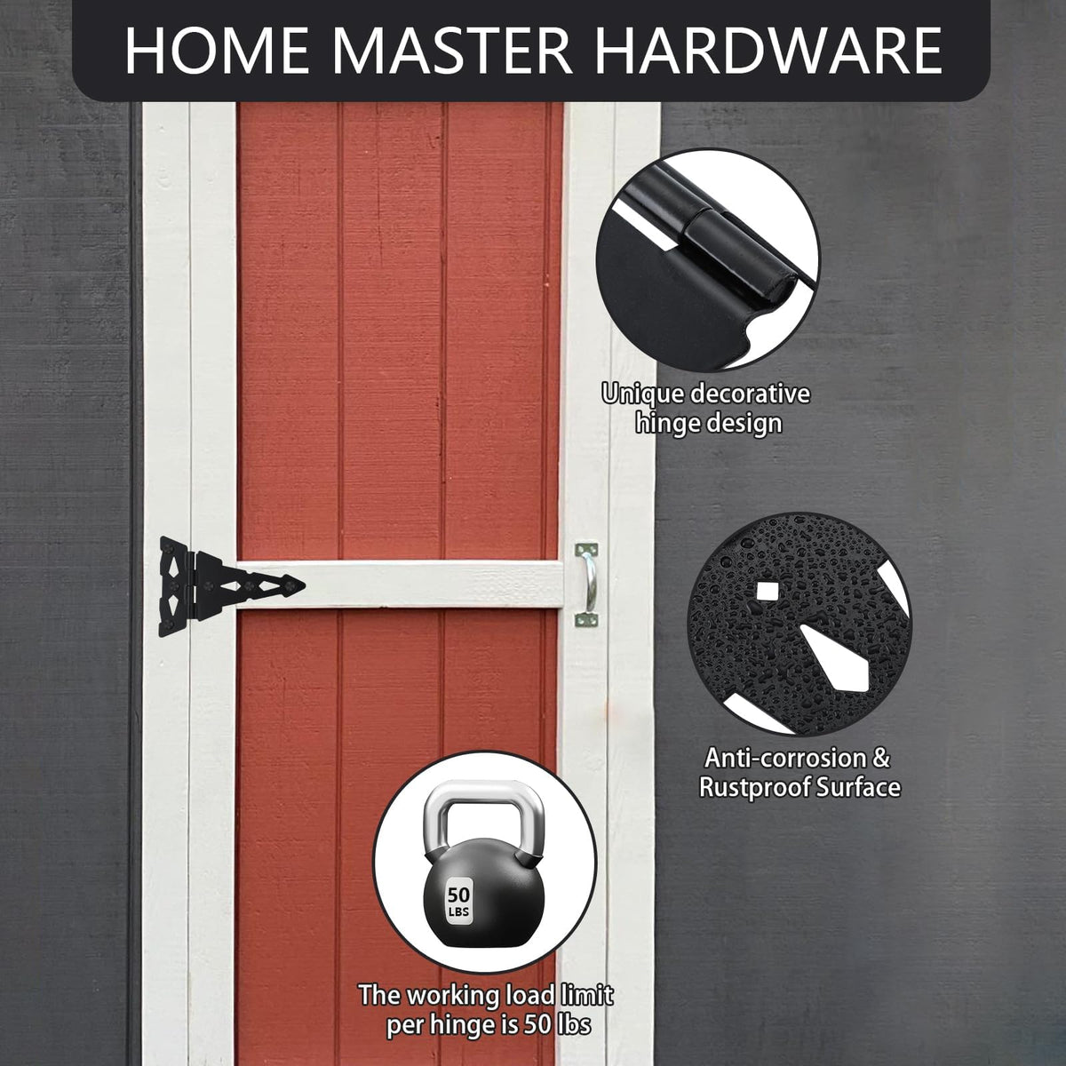 HOME MASTER HARDWARE 8in decorative hinge close-up shows black finish and durability.