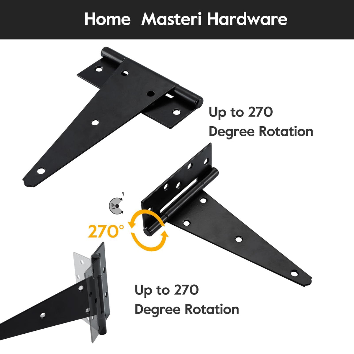 HOME MASTER HARDWARE close-up of black powder-coated hinge finish for outdoor use