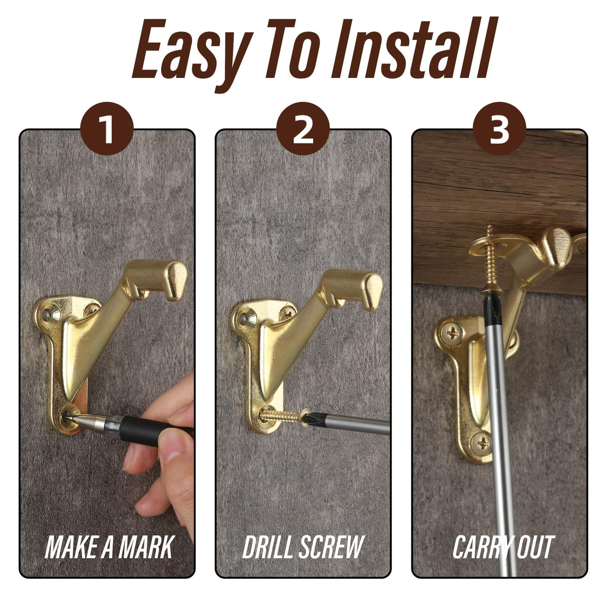 Bright brass finish adds warm style to stairs.