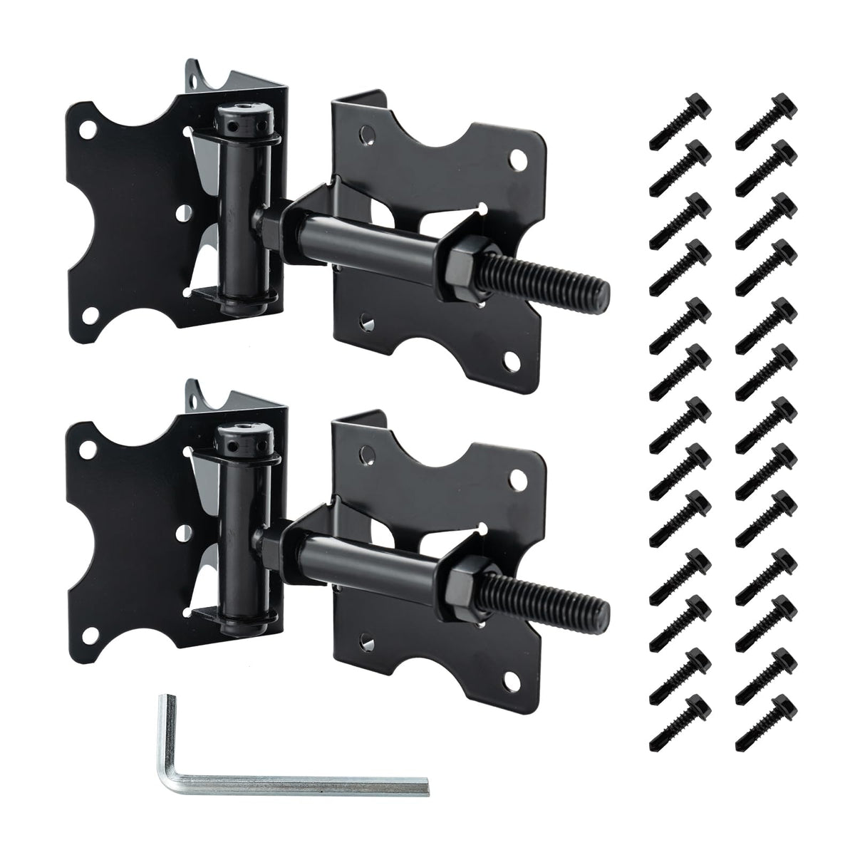 HOME MASTER HARDWARE package contents including hinges, screws, and tool