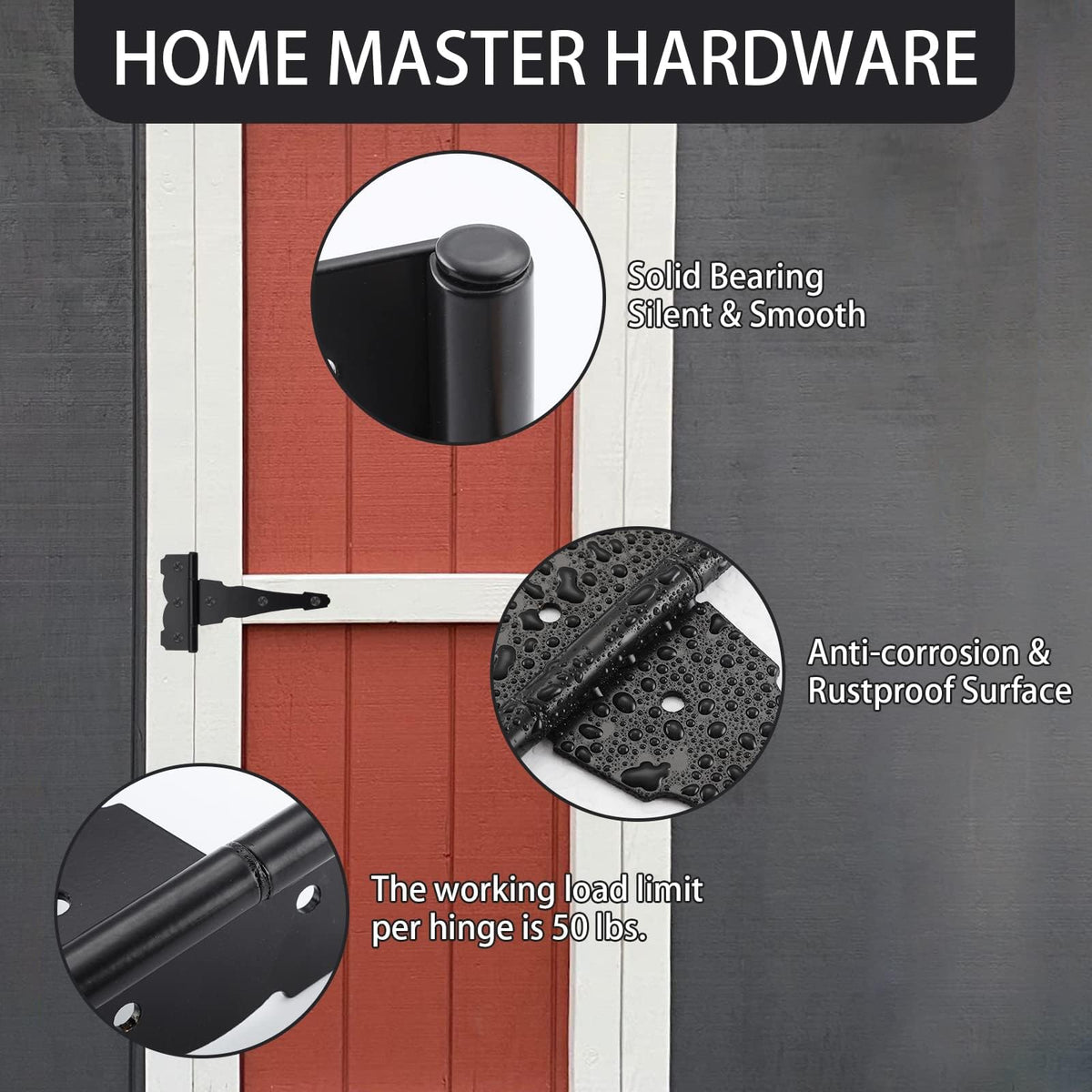 HOME MASTER HARDWARE hinge with smooth 270-degree swing for quiet outdoor operation.