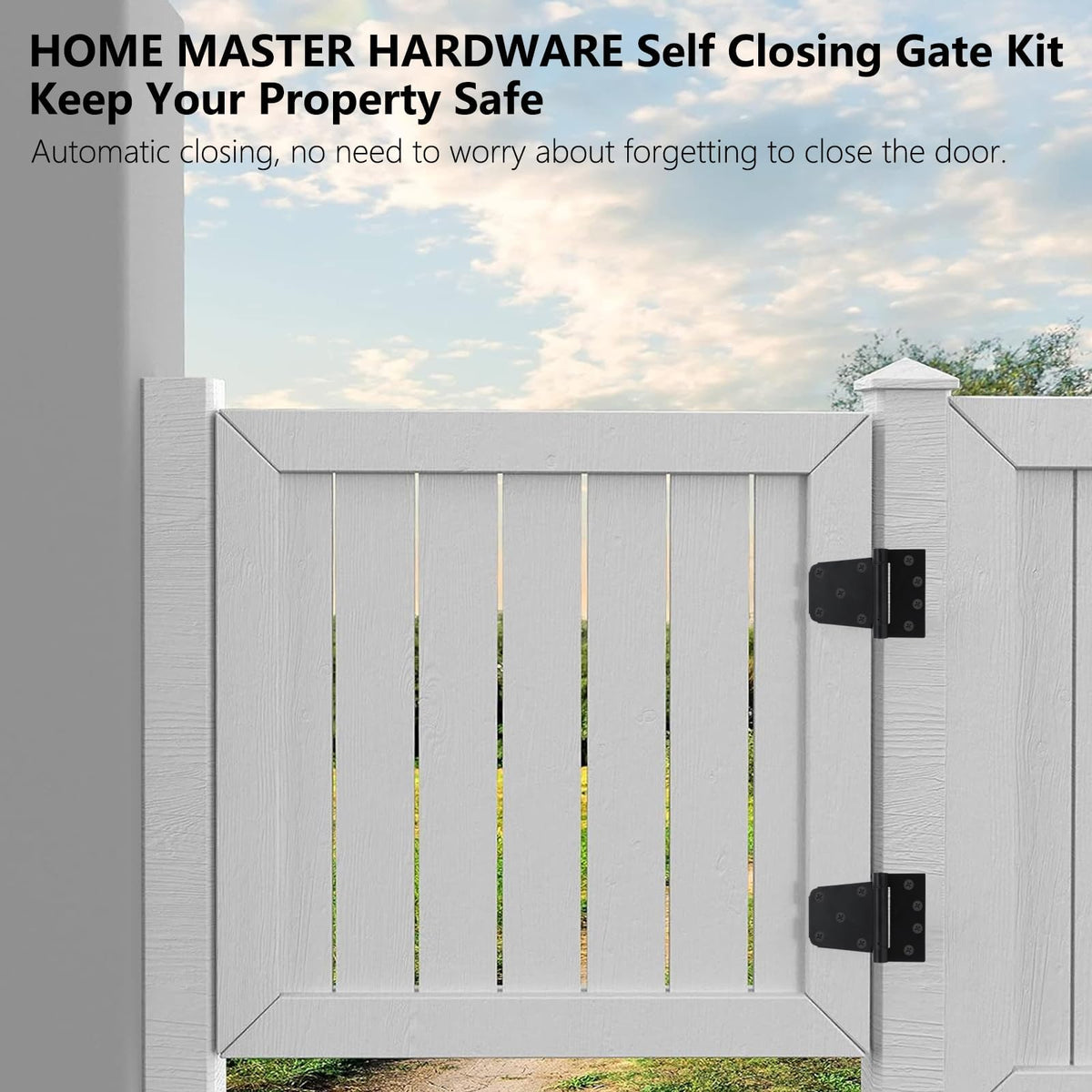 Home Master Hardware spring tension adjustment feature highlighted for customizable gate closing