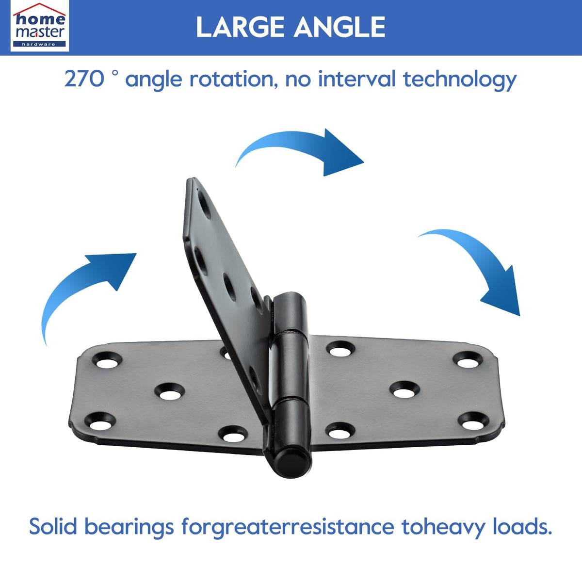 HOME MASTER HARDWARE hinge closeup with black powder coating for weather resistance