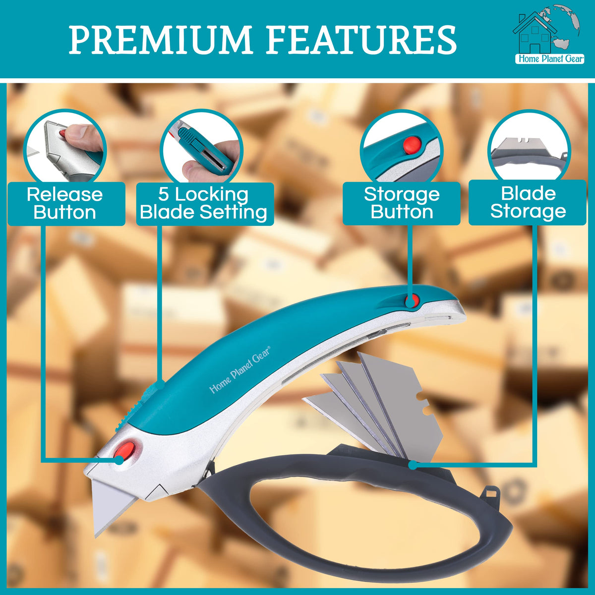 Home Planet Gear box cutter cutting cardboard with clean, controlled edge.