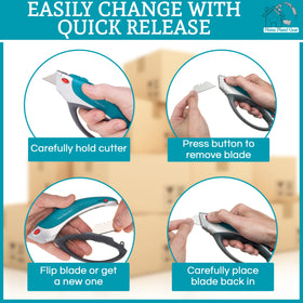 Home Planet Gear box cutter ergonomic grip reduces fatigue during tasks.