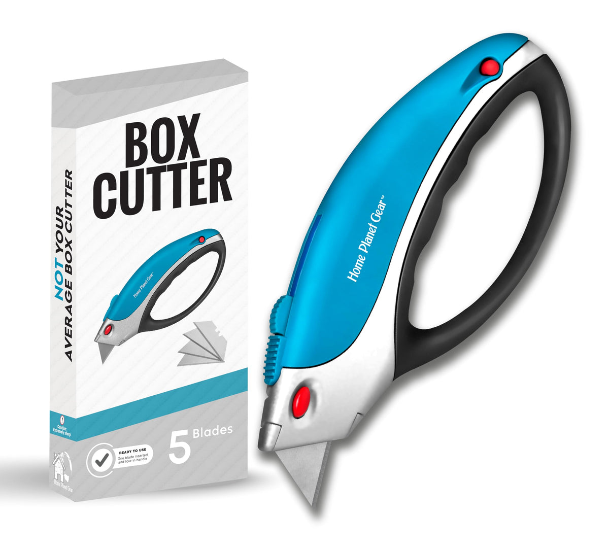 Home Planet Gear box cutter with blade extended for heavy-duty cuts.