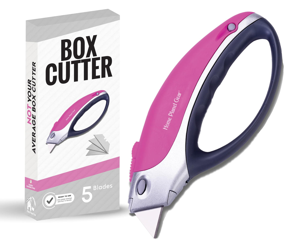 Built-in blade storage in the Home Planet Gear pink box cutter keeps blades handy.