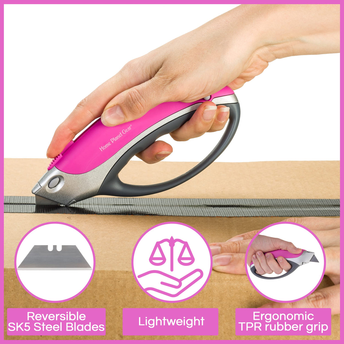 Home Planet Gear pink box cutter handles cardboard, carpet, vinyl with precision.