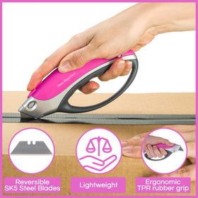Home Planet Gear pink box cutter handles cardboard, carpet, vinyl with precision.