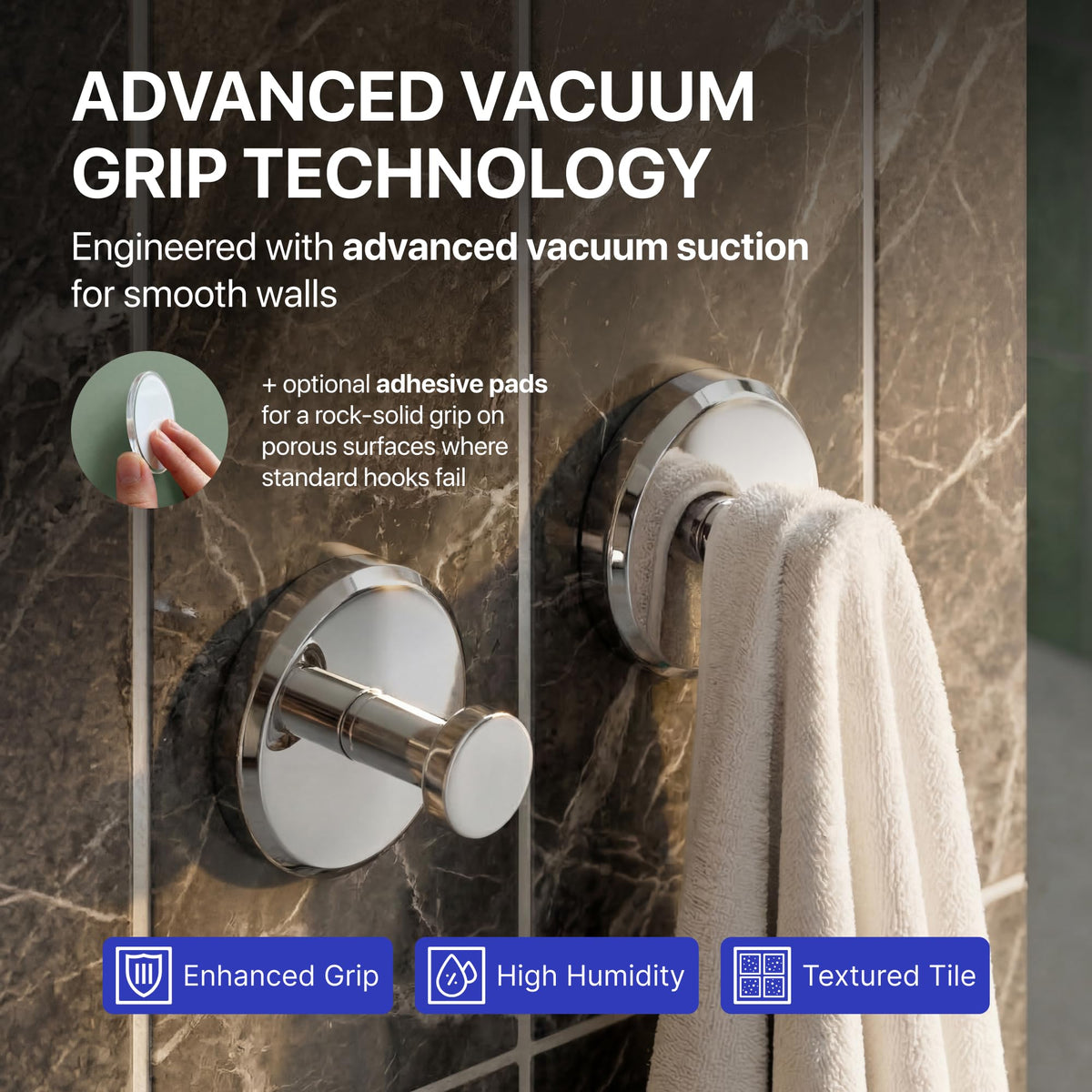 HOME SO suction cup hook holding robes on a chrome bathroom glass door.