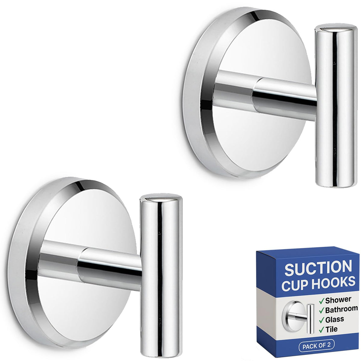 HOME SO suction cup hooks on glass door demonstrate secure chrome T-shape mounting.