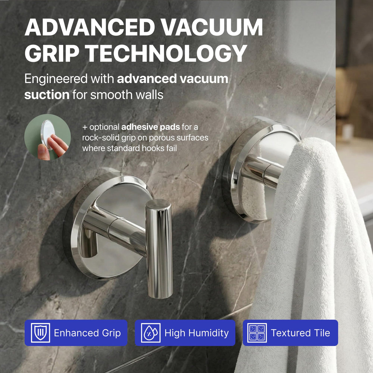 HOME SO suction cup hooks hold a towel on a shiny tile wall for easy reach.