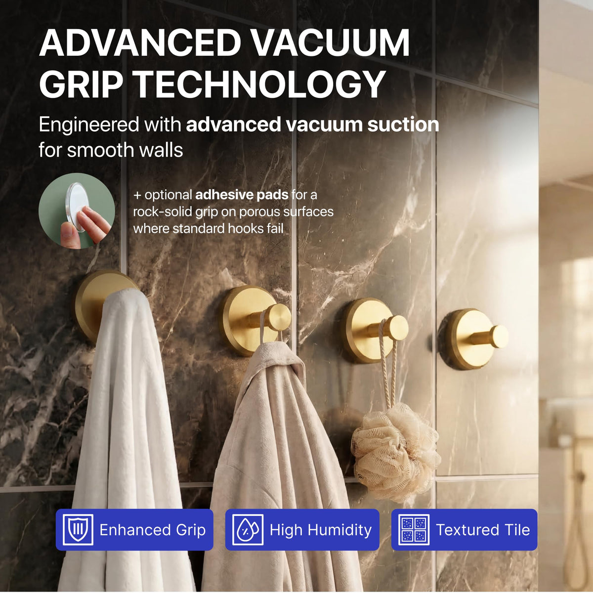 Gold HOME SO hooks keep towels organized on smooth tile without damage.