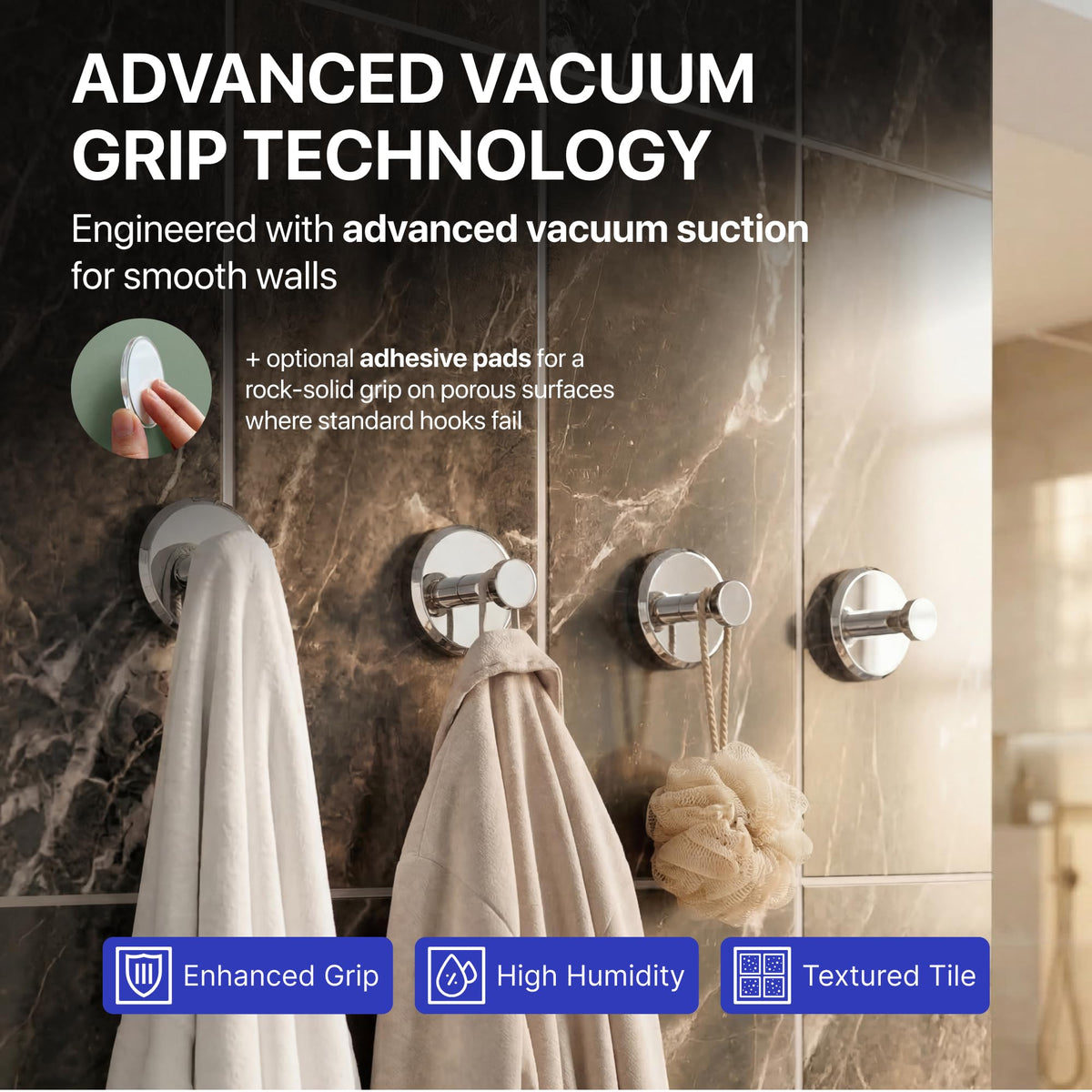 HOME SO towel hooks installed on glass or tile keep towels within reach.