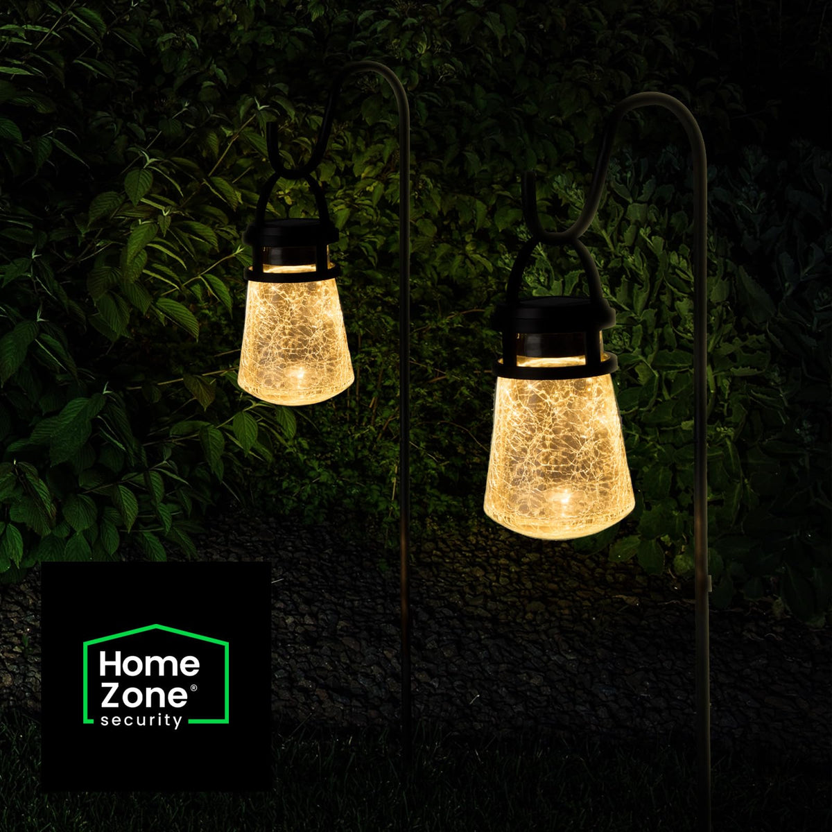 Home Zone Security auto-on sensor lantern conserves energy after dusk.