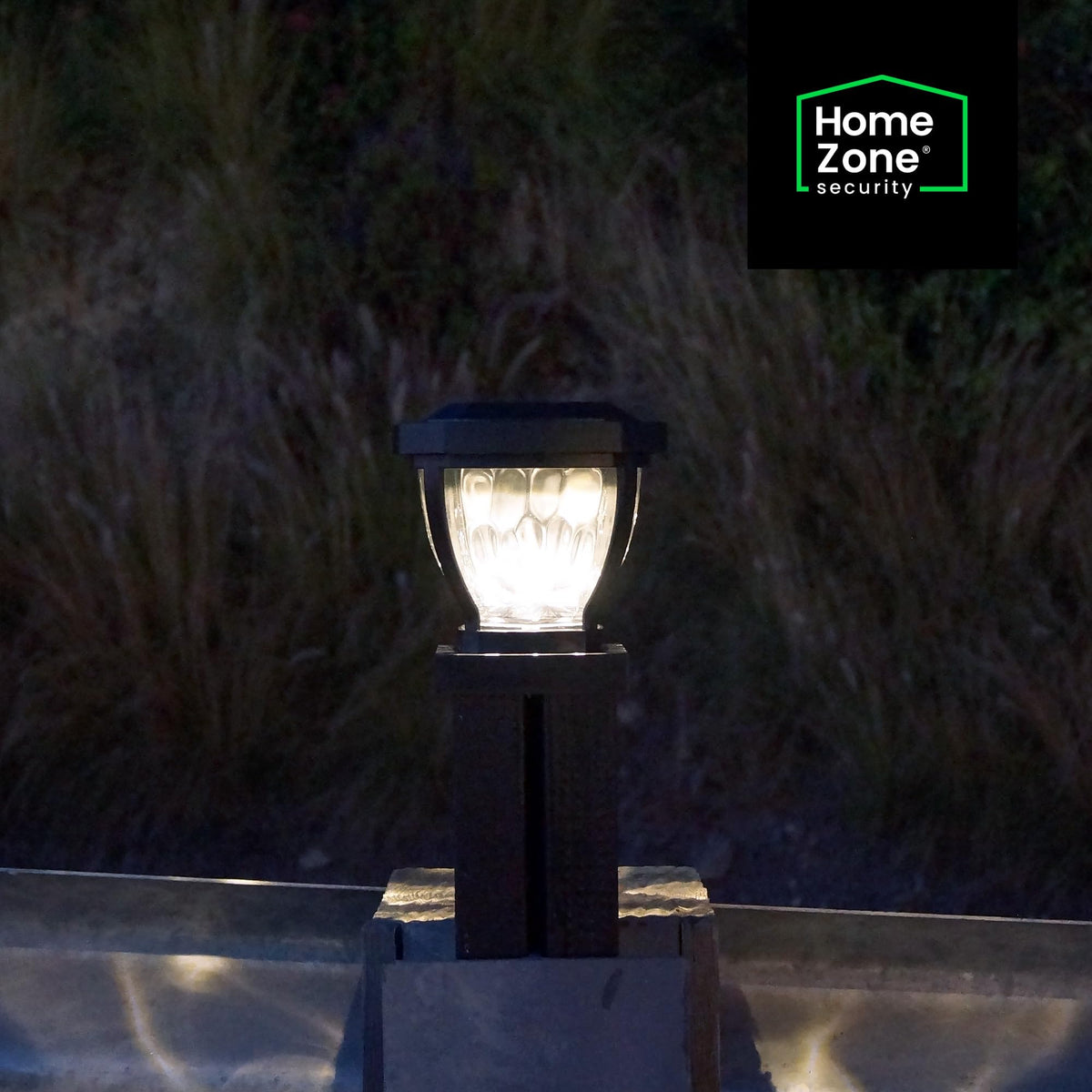 Home Zone Security solar post cap light withstands outdoor weather for year-round use.