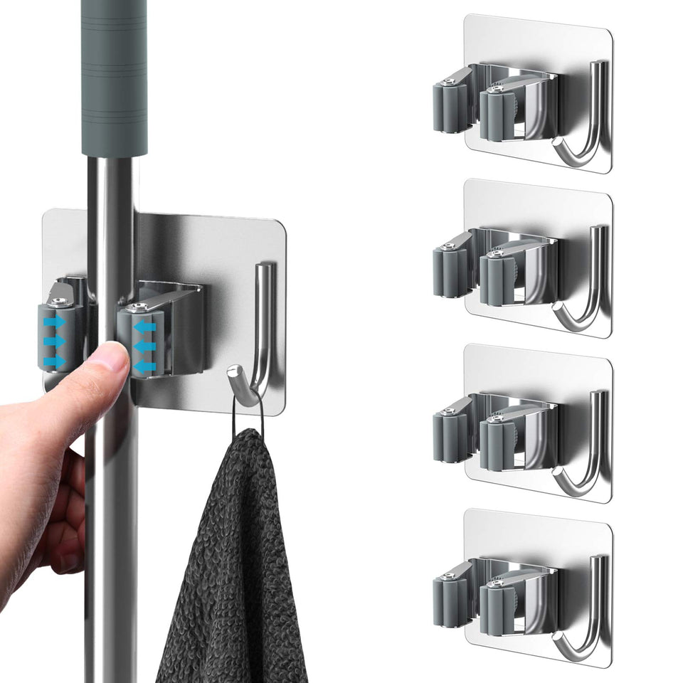 homeasy mop broom holder front view with shelf and hook for organized spaces