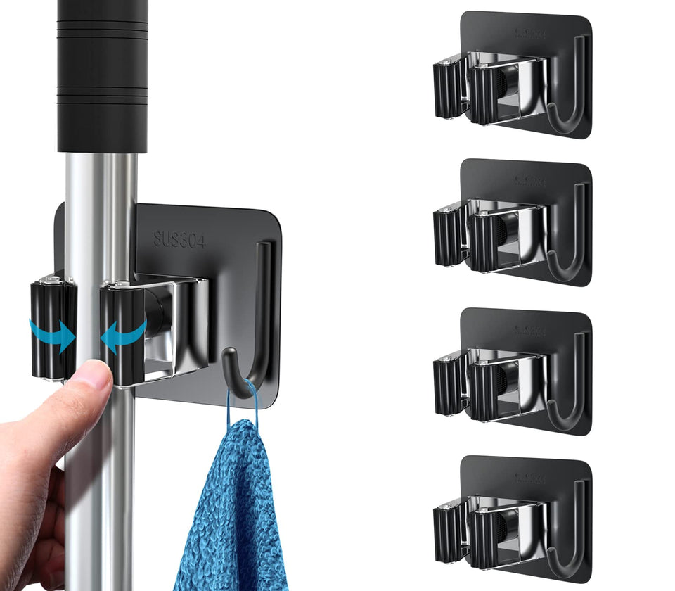 Homeasy mop broom holder wall mount assembly keeps closets tidy with secure, tool-free installation.