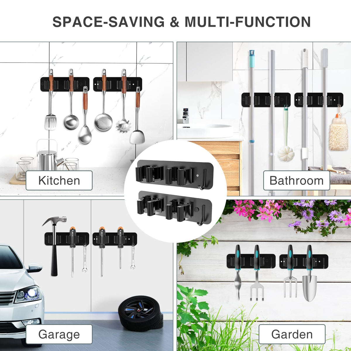 Homeasy multi-purpose hooks and shelf organize broom, mop, umbrella and more