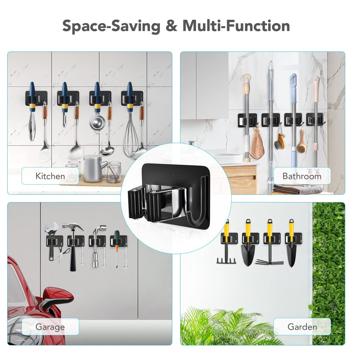Homeasy multi-purpose storage shelf and hook system supports mops, brooms, umbrellas and more.