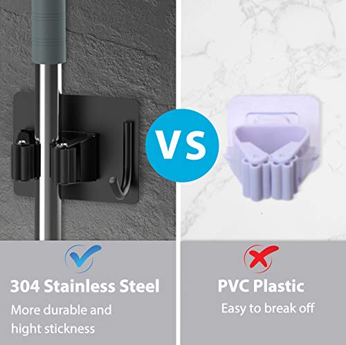 Homeasy self-adhesive stainless-steel holder securely holds mops and brooms without drilling.