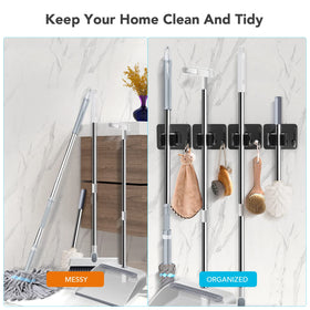Homeasy self-adhesive wall mount mop holder offers quick, damage-free setup in seconds.