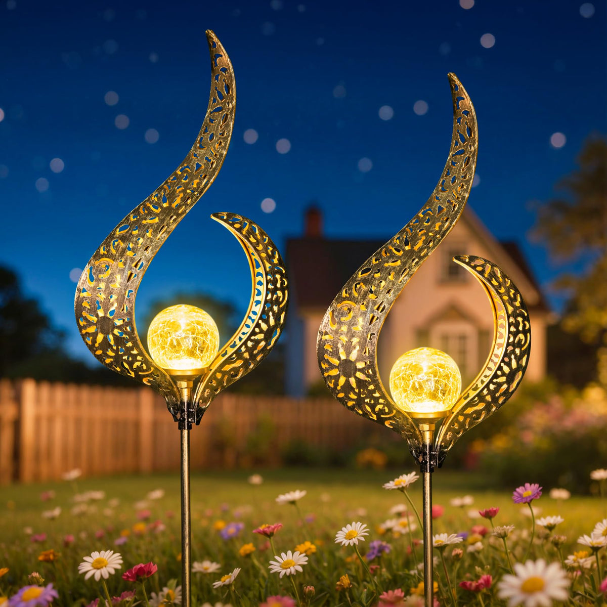 HOMEIMPRO bronze solar garden light with flower accents adds warm ambience to evenings.