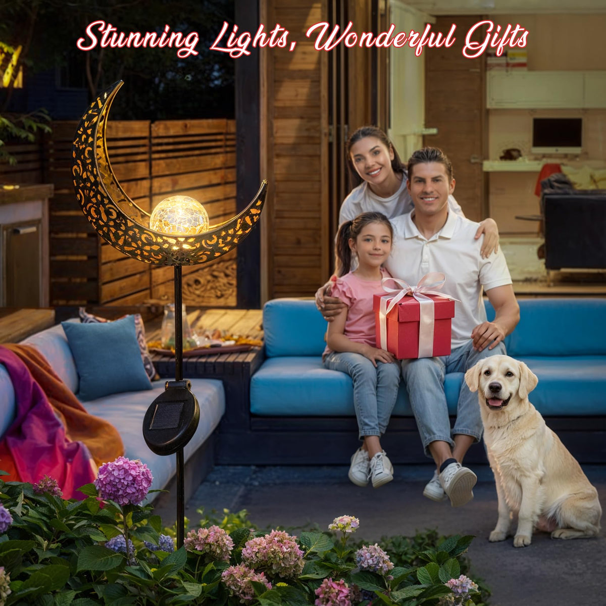 HOMEIMPRO Crackle glass moon light adds romantic ambience outdoors.