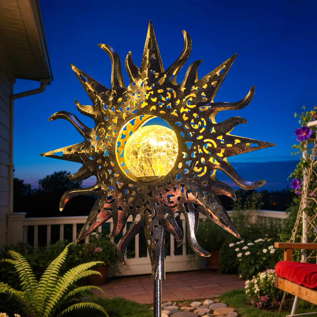 HOMEIMPRO Large sun garden light illuminates pathways with a warm, inviting glow.